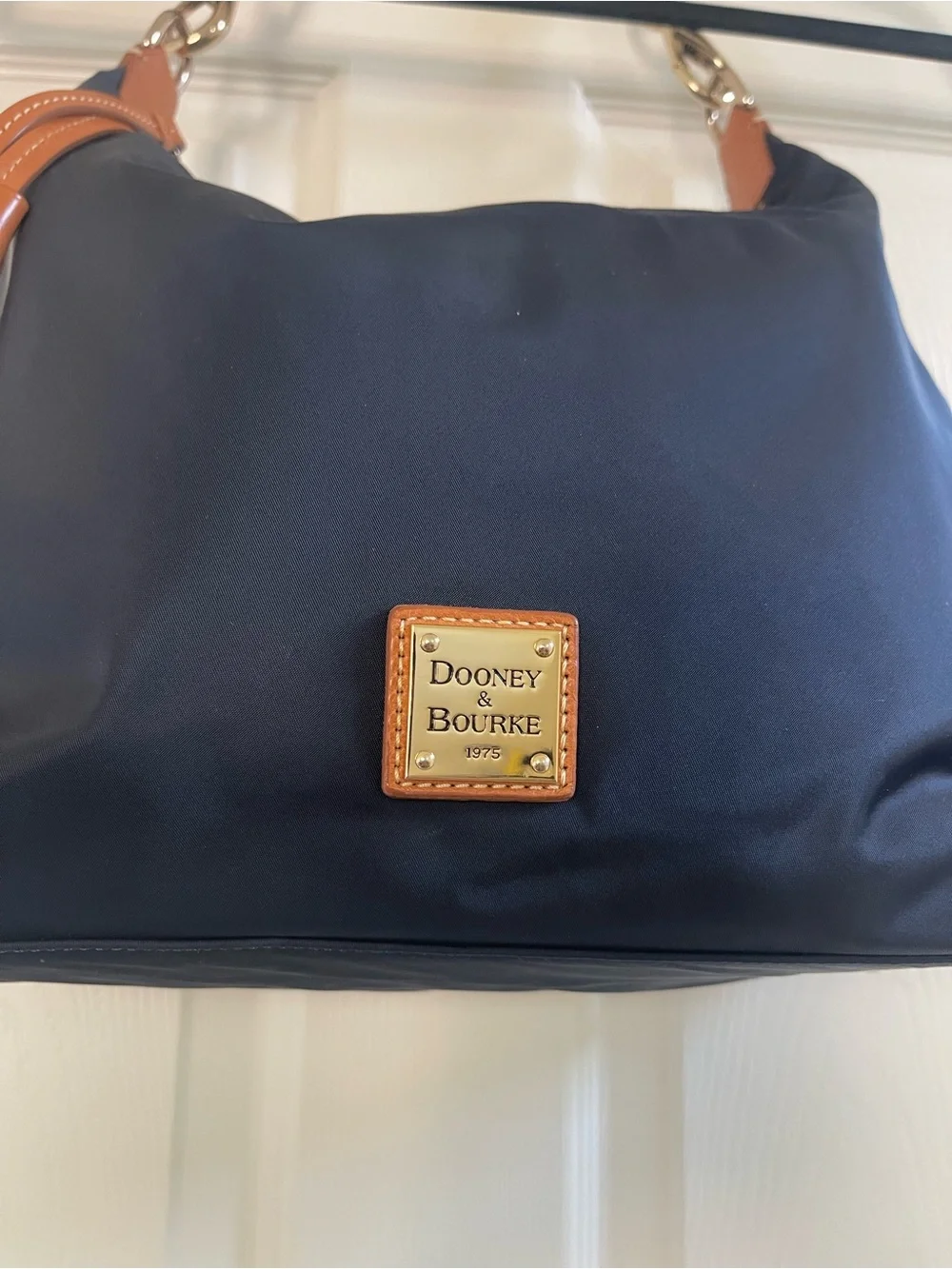 Dooney & Bourke Navy Blue Nylon Hobo Shoulder Bag W/ Brown Leather Trim Tassel